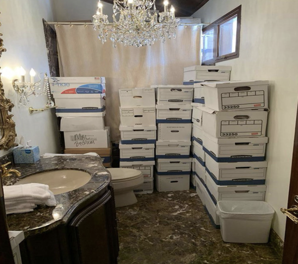 Trump had archive boxes storing classified material that he failed to hand back to the White House. The picture shows them stored in a bathroom in Mar-a-Lago.